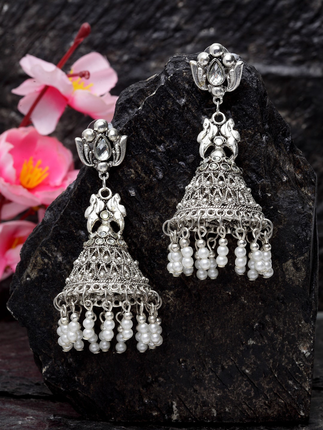 

Moedbuille Silver-Toned & White Dome Shaped Jhumkas