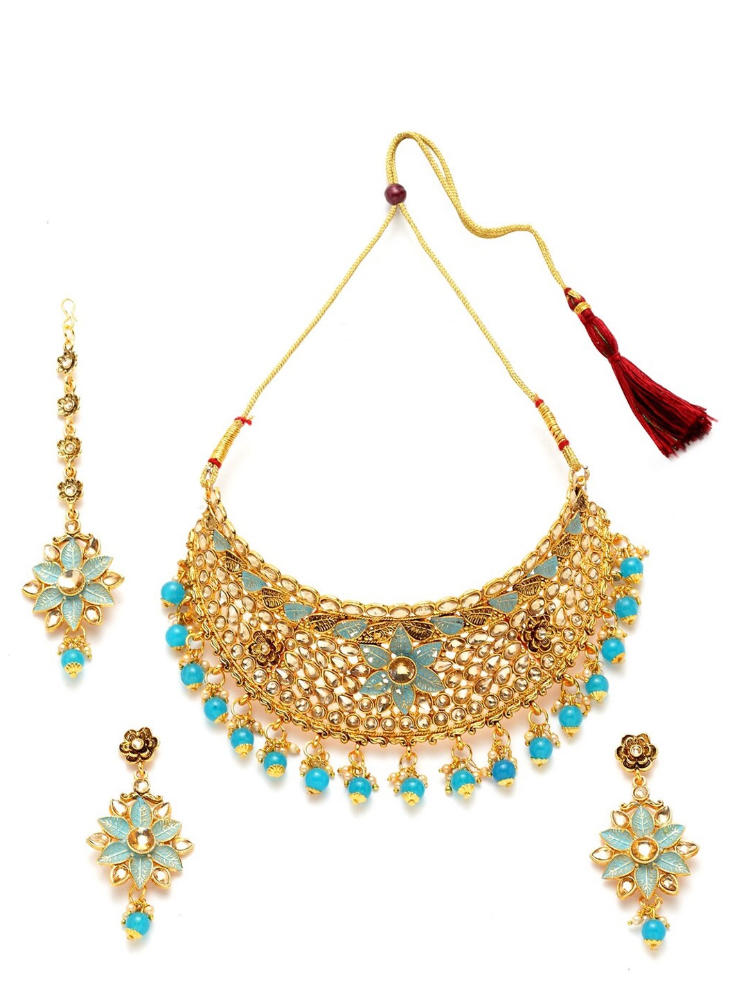 

ANIKAS CREATION Gold-Plated Turquoise Blue & White Stone-Studded Beaded Enamelled Sustainable Handcrafted Jewellery Set