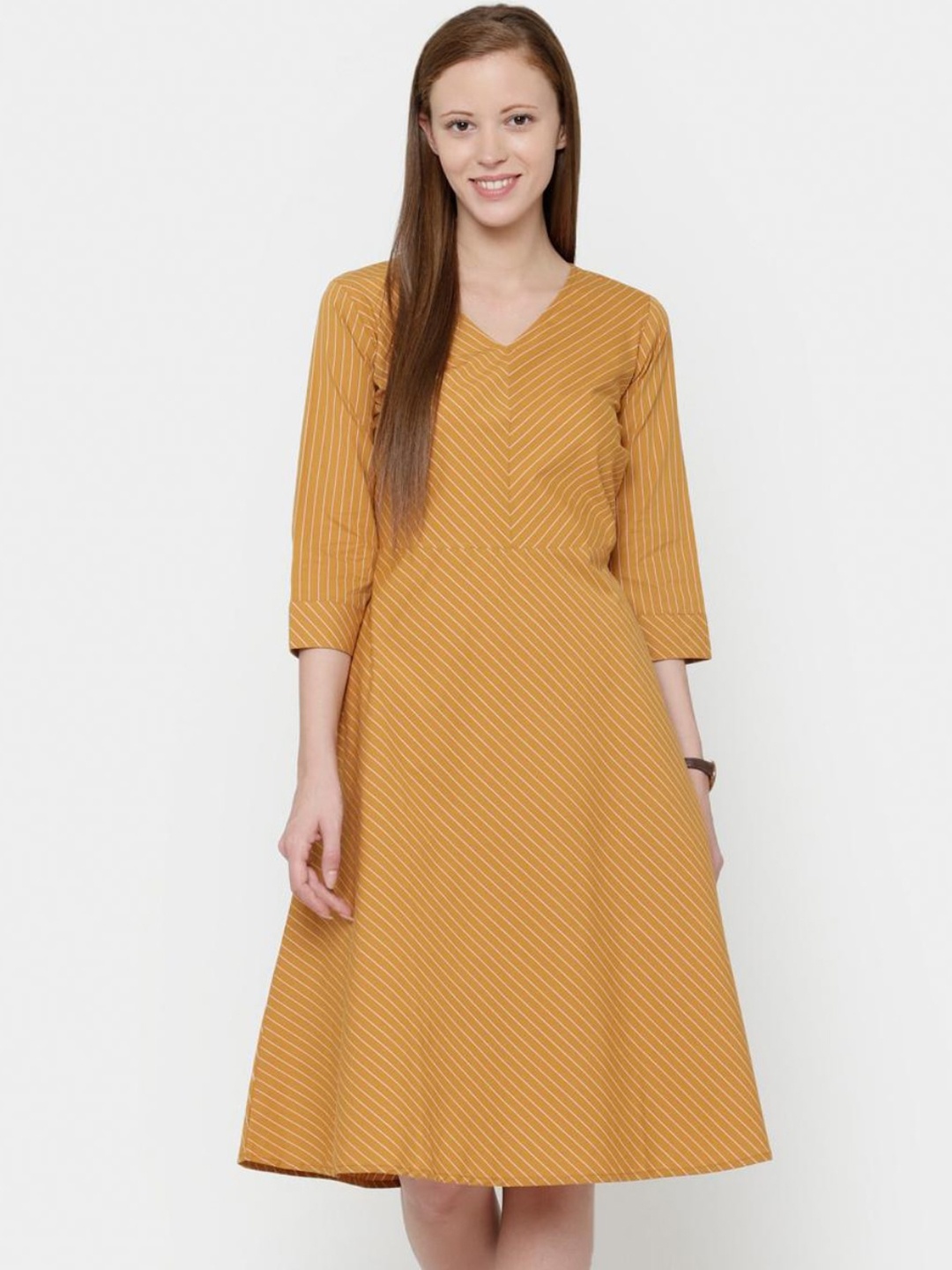 

CINNAMON CLOSET Women Yellow Striped A-Line Dress
