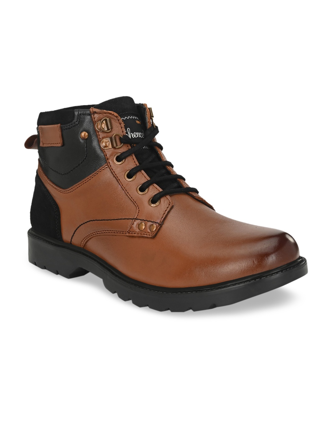 SHENCES Men Brown High Top Genuine Leather Flat Boots