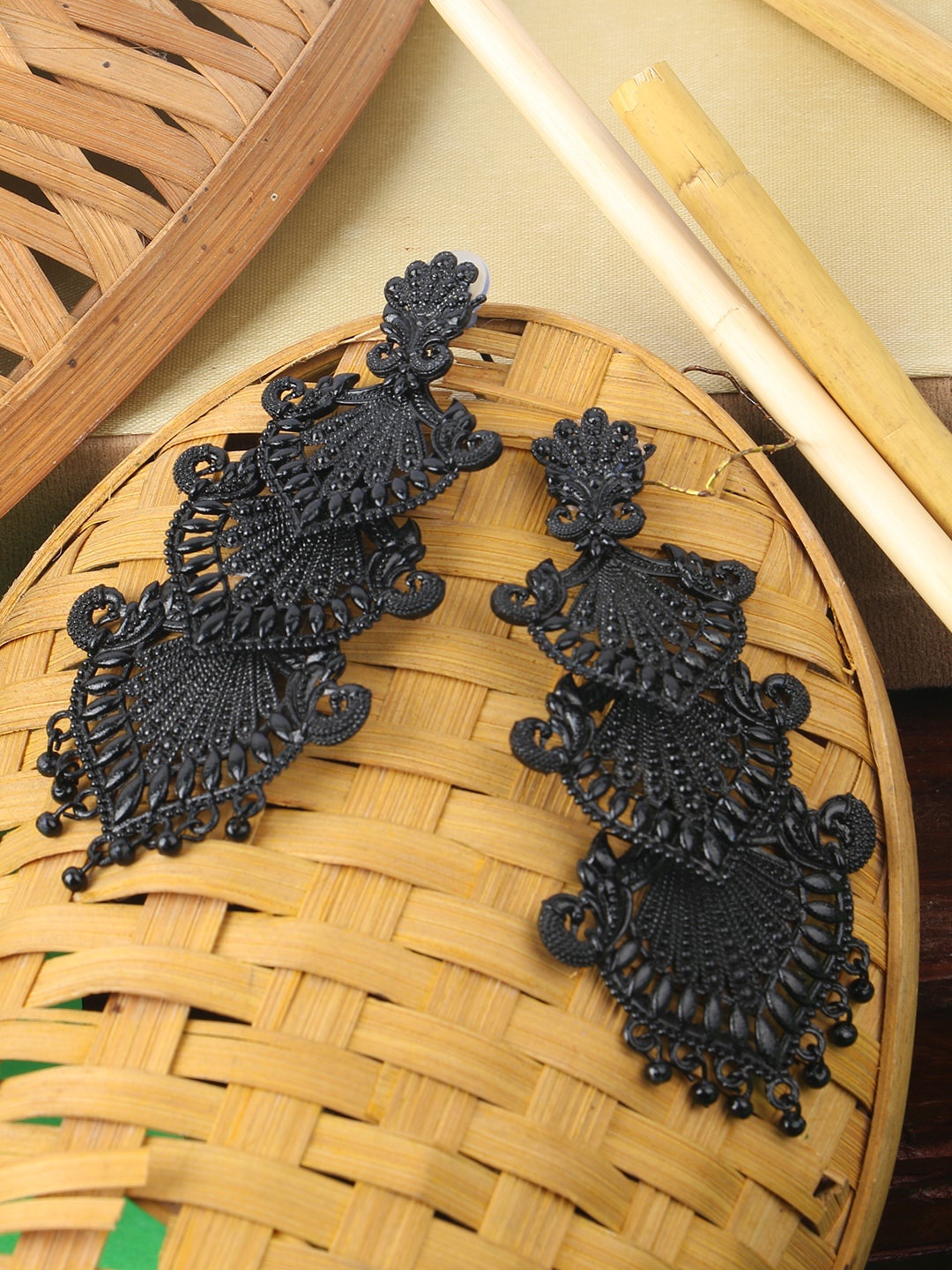 ANIKAS CREATION Black Contemporary Drop Earrings