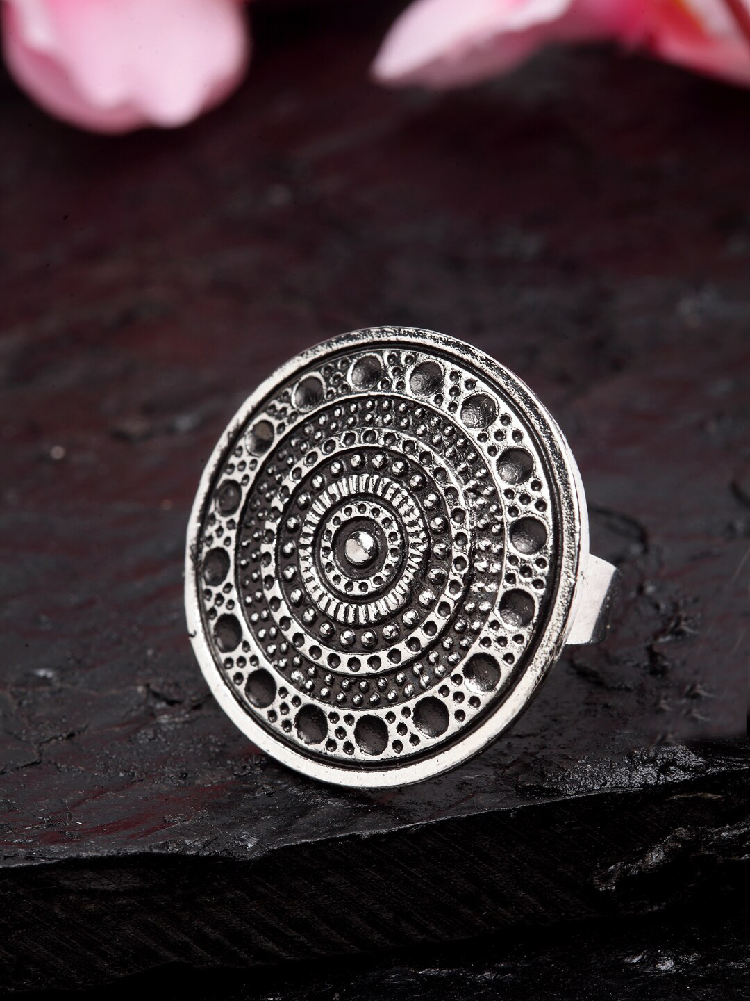 

Moedbuille Silver-Toned German SIlver Oxidised Handcrafted Tribal Adjustable Finger Ring