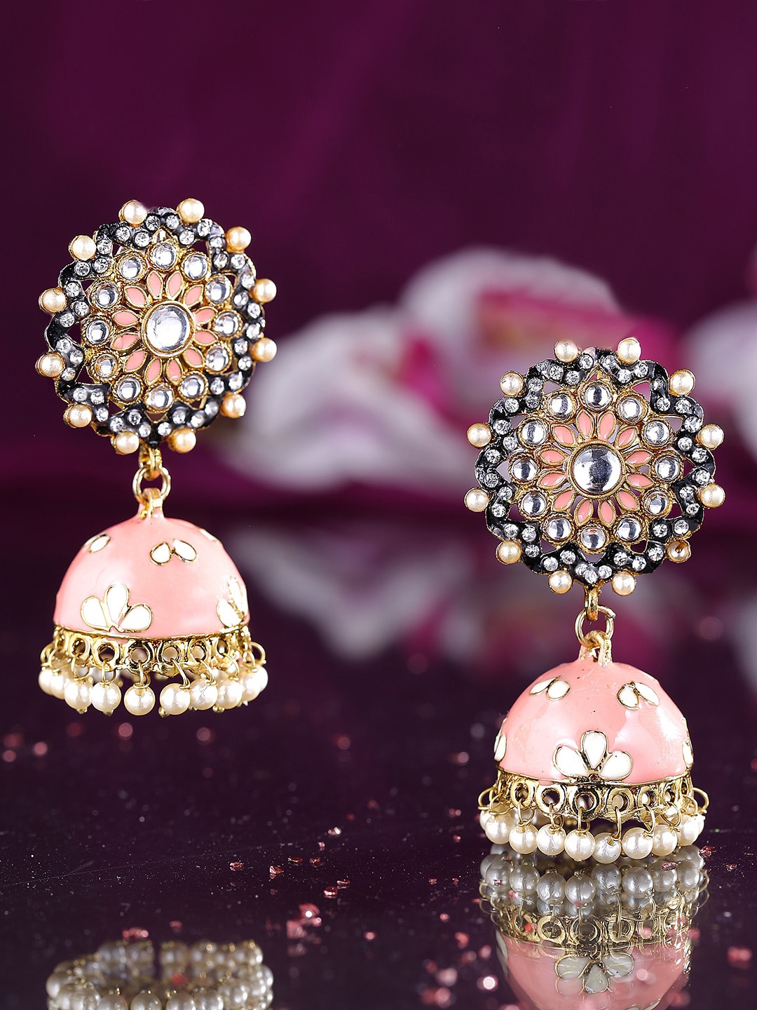 

Yellow Chimes Woman Gold-Toned Floral Jhumka Earring, Peach