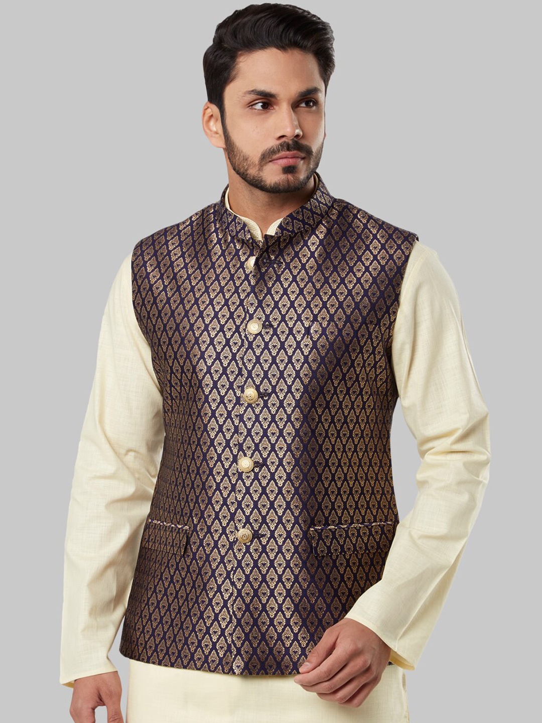 Ethnix by Raymond Men Blue & Gold-Coloured Woven Design Nehru Jacket