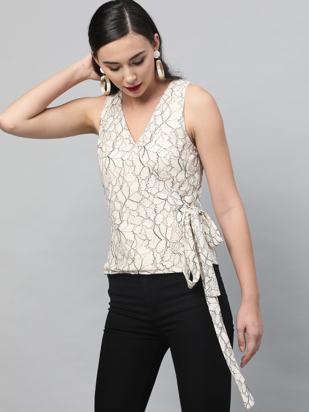 

STREET 9 Women Beige Self Design Lace Pure Cotton Top