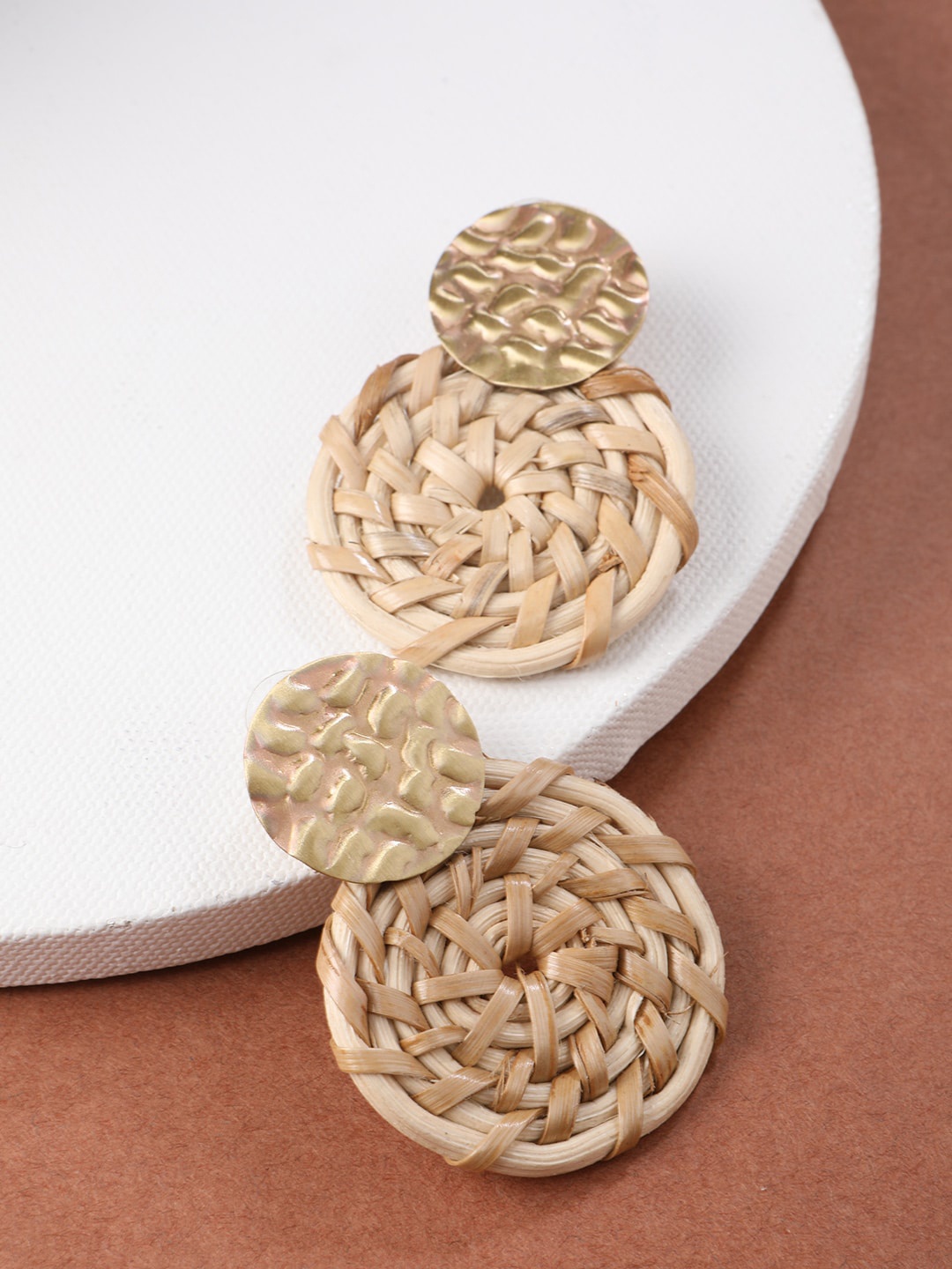 

STREET 9 Beige & Gold Circular Drop Earrings