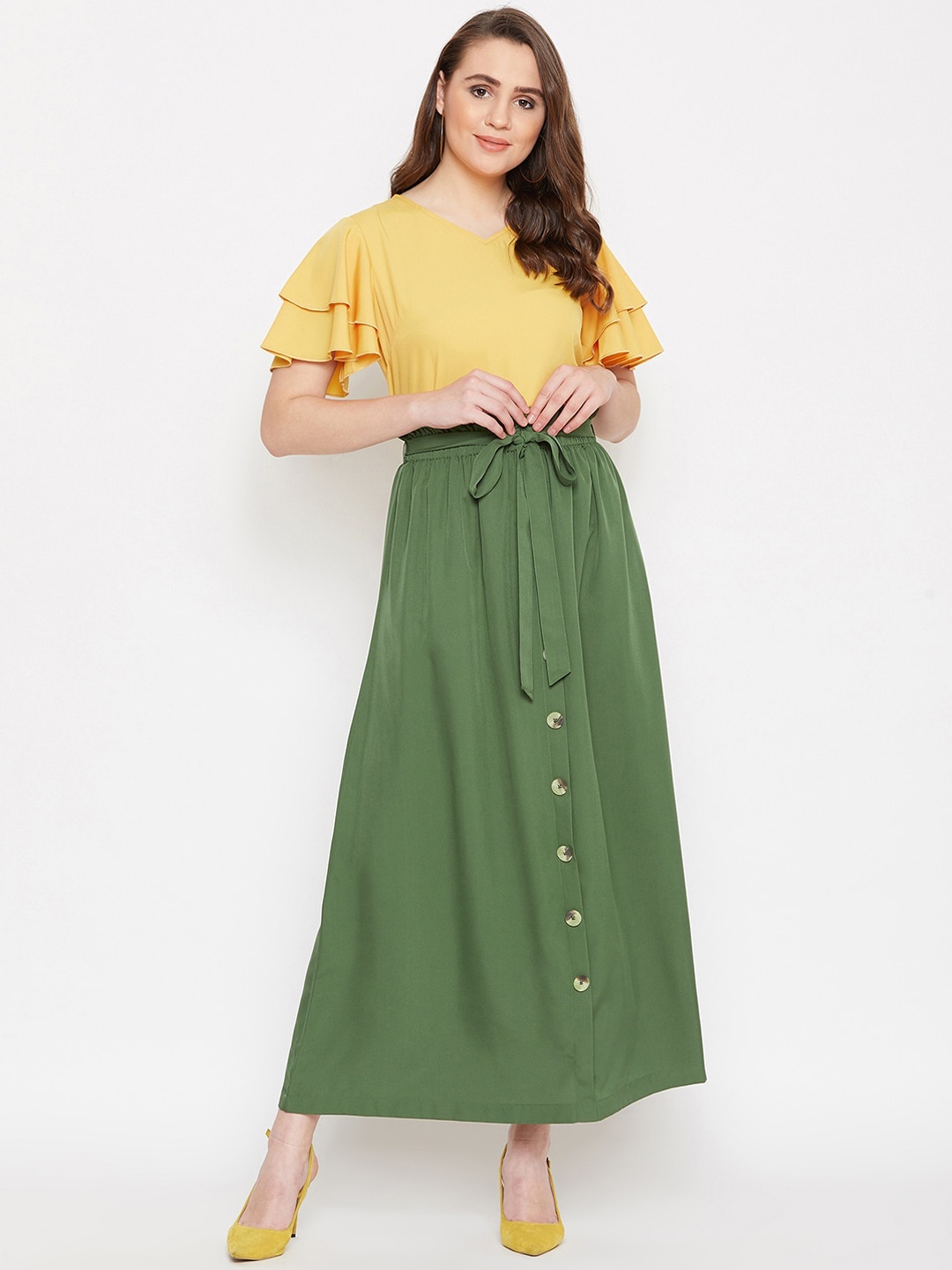 Bitterlime Women Green & Yellow Solid Top with Skirt