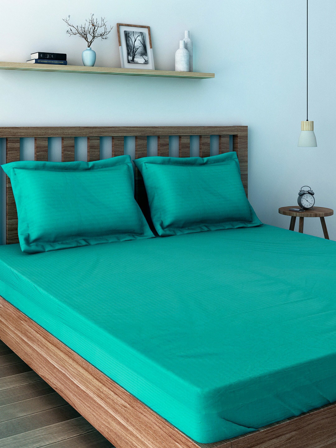 

URBAN SPACE Teal Striped 220 TC Cotton 1 King Bedsheet with 2 Pillow Covers
