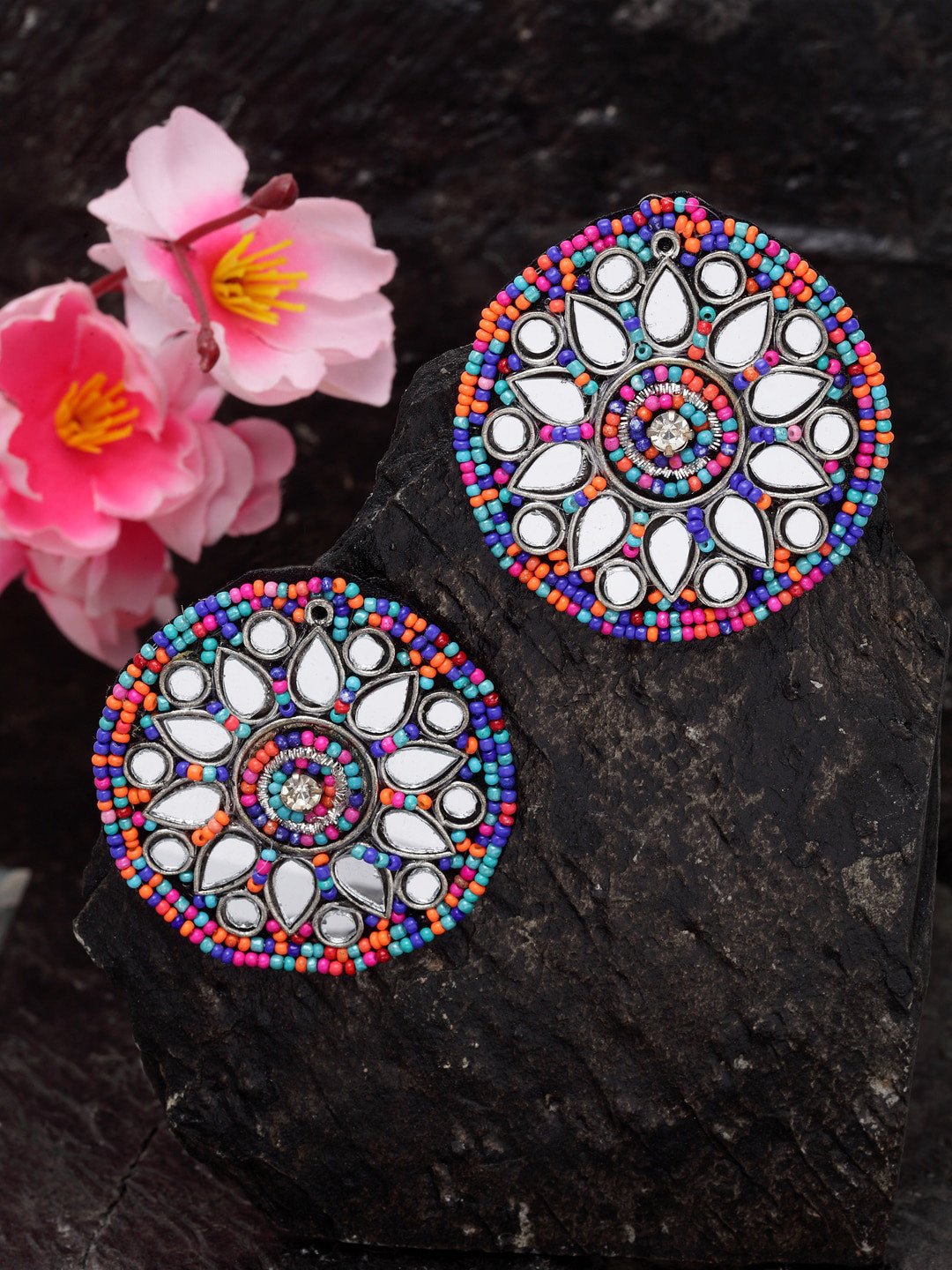 

Moedbuille Brass-Plated Mirrored & Multicolor Beaded Oxidised Handcrafted Oversize Studs, Multi
