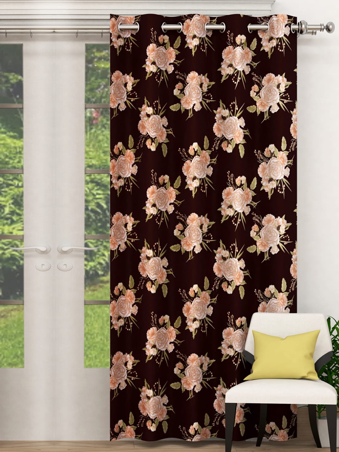 Kuber Industries Brown & Pink Floral Single Door Curtain