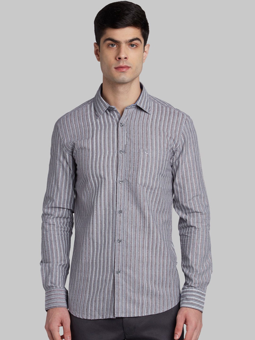 

Parx Men Grey & Maroon Slim Fit Striped Casual Shirt