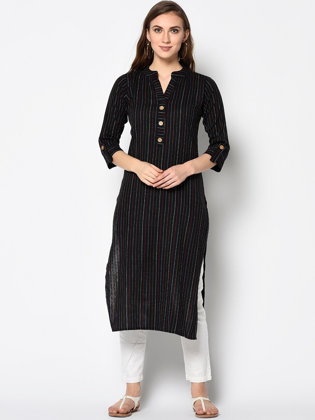 

Kvsfab Women Black Embroidered Straight Kurta