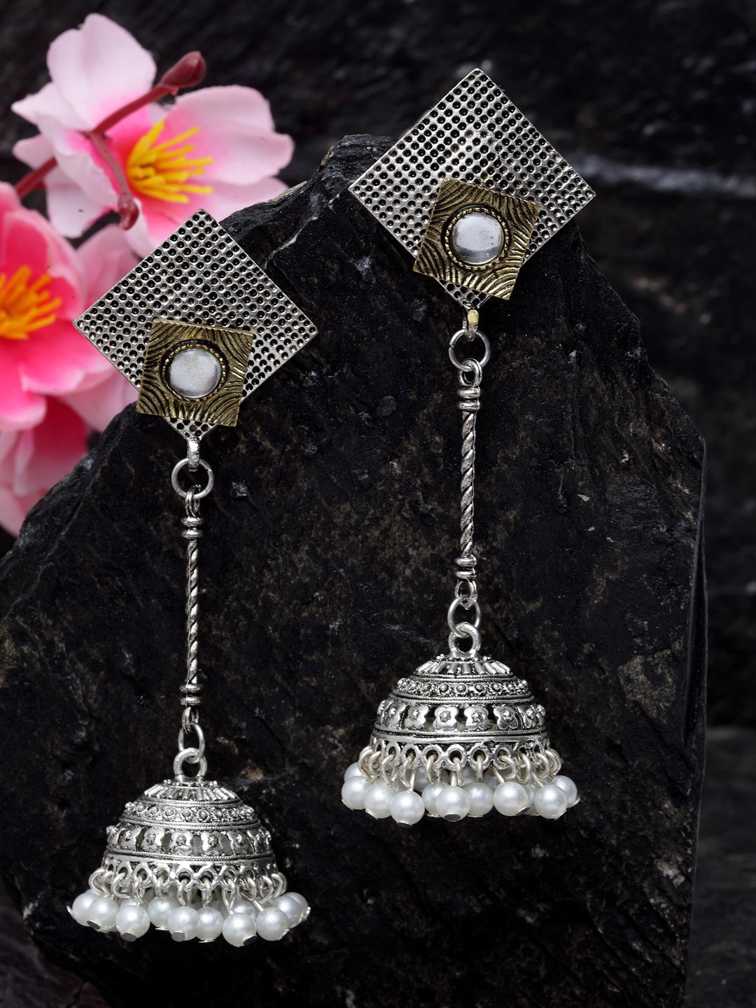 

Moedbuille Silver-Toned & Gold-Toned Dome Shaped Jhumkas
