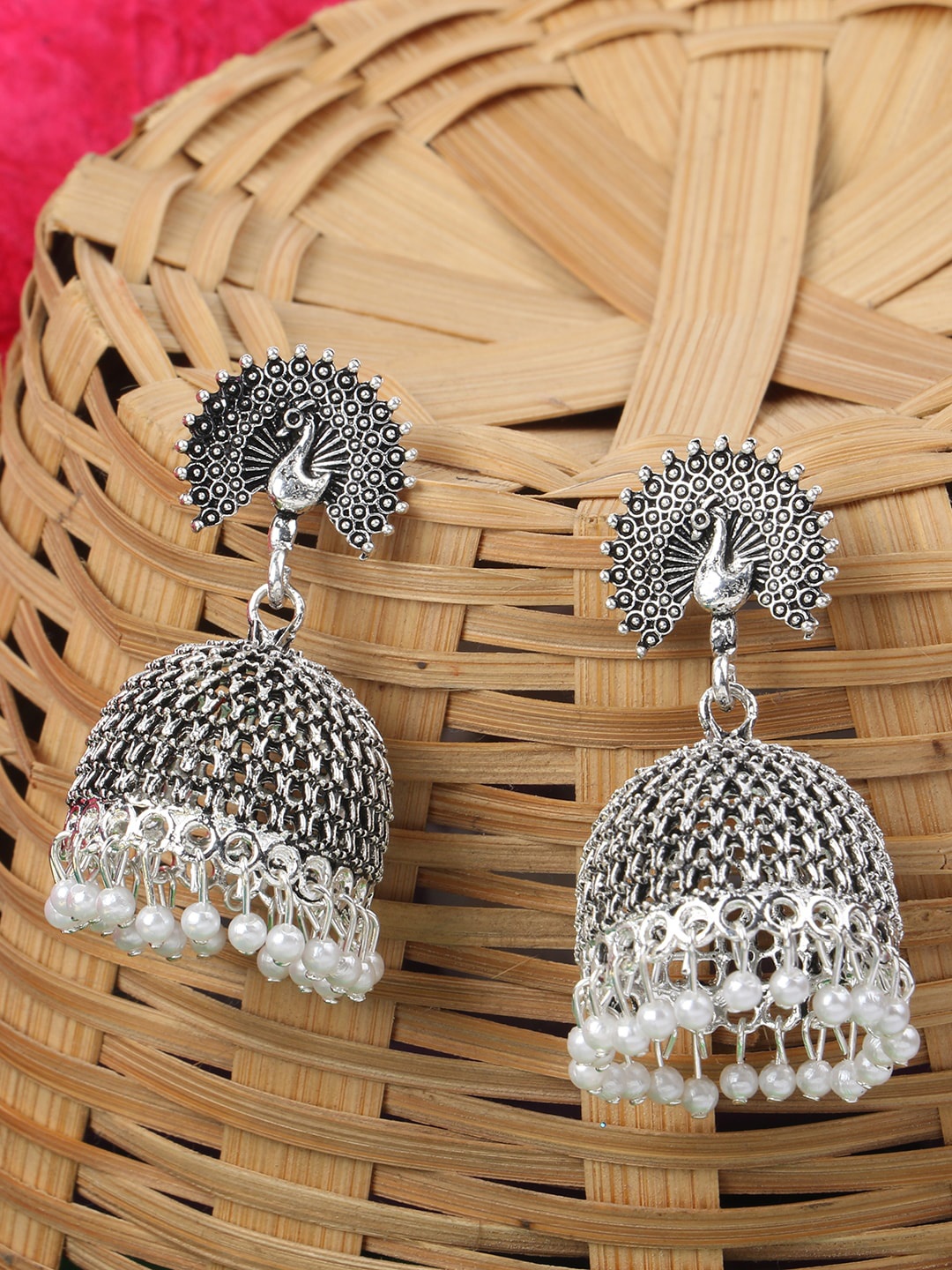 

ANIKAS CREATION Silver-Plated Dome Shaped Jhumkas