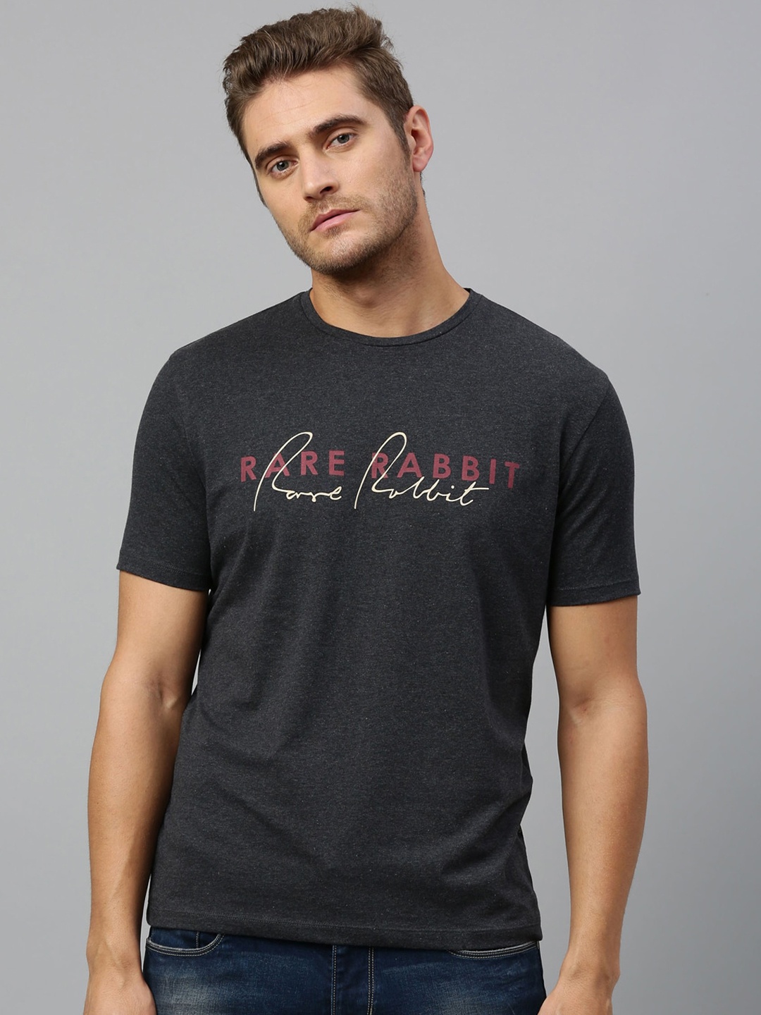 

RARE RABBIT Men Grey Printed Round Neck T-shirt