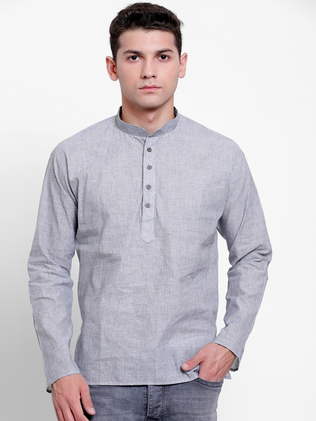 

RG DESIGNERS Men Grey Solid Straight Handloom Kurta