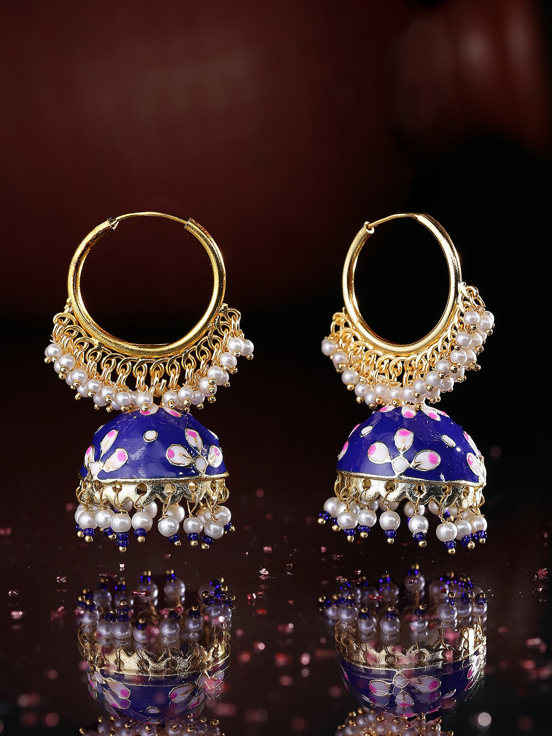 

Yellow Chimes Navy Blue & Gold-Toned Meenakari Floral Jhumkas