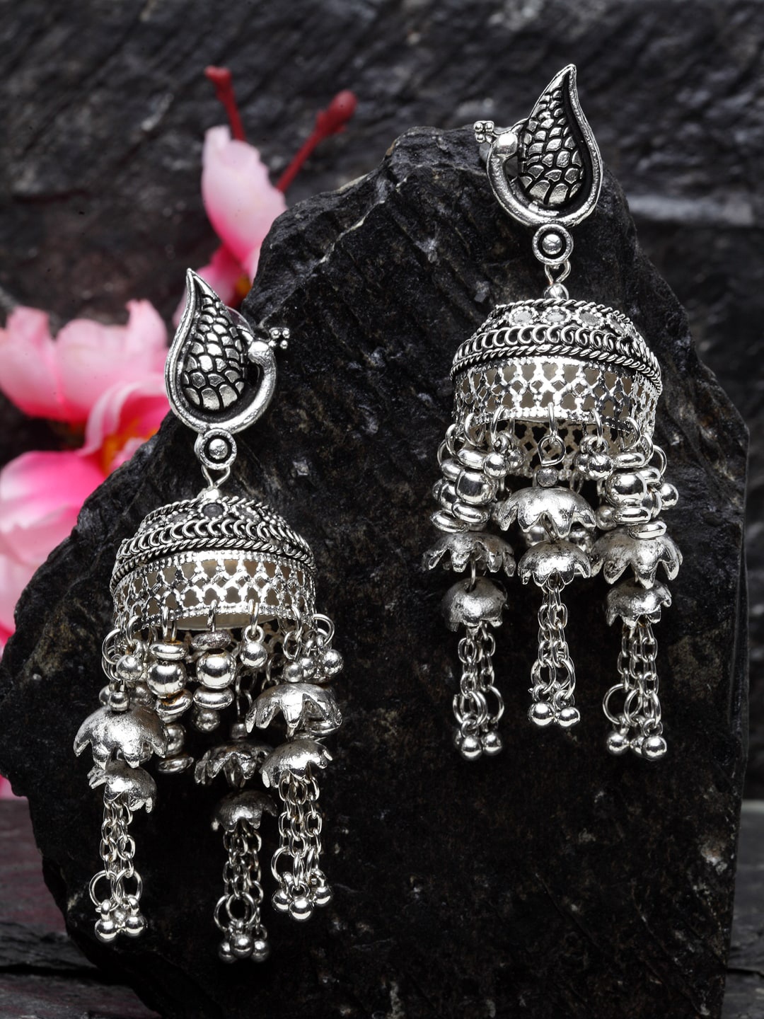 

Moedbuille Brass-Plated & Silver-Toned Dome Shaped Jhumkas