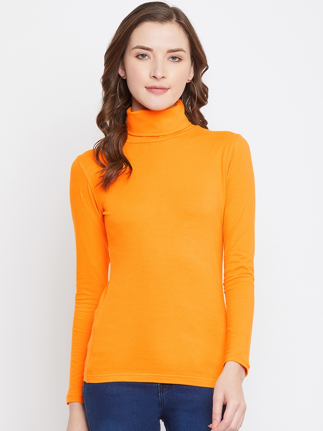 

Hypernation Women Mustard Solid High Neck T-shirt