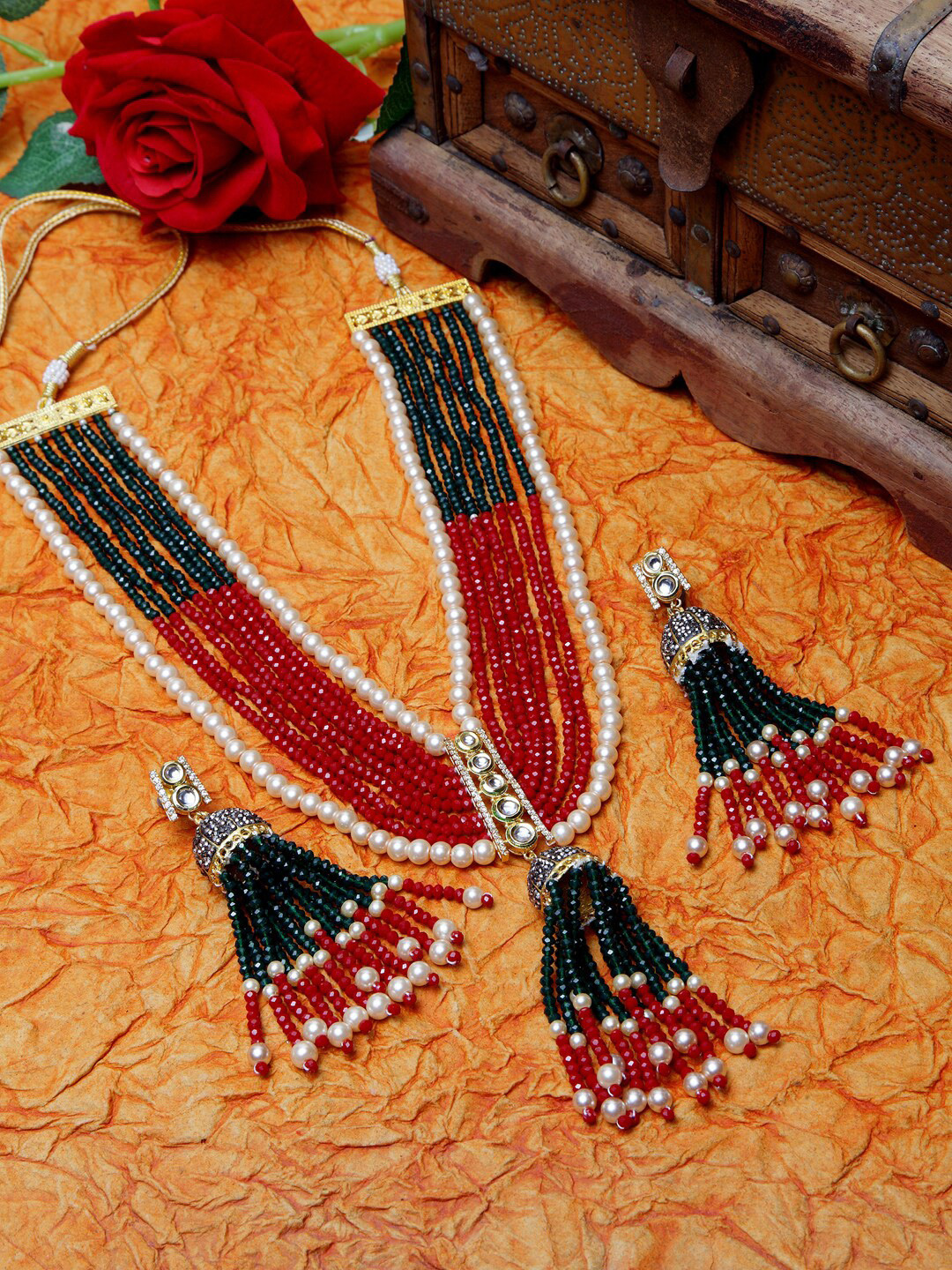 

Moedbuille Red & Green American Diamond Kundan & Onyx Stones Studded Gold-Plated Jewellery Set