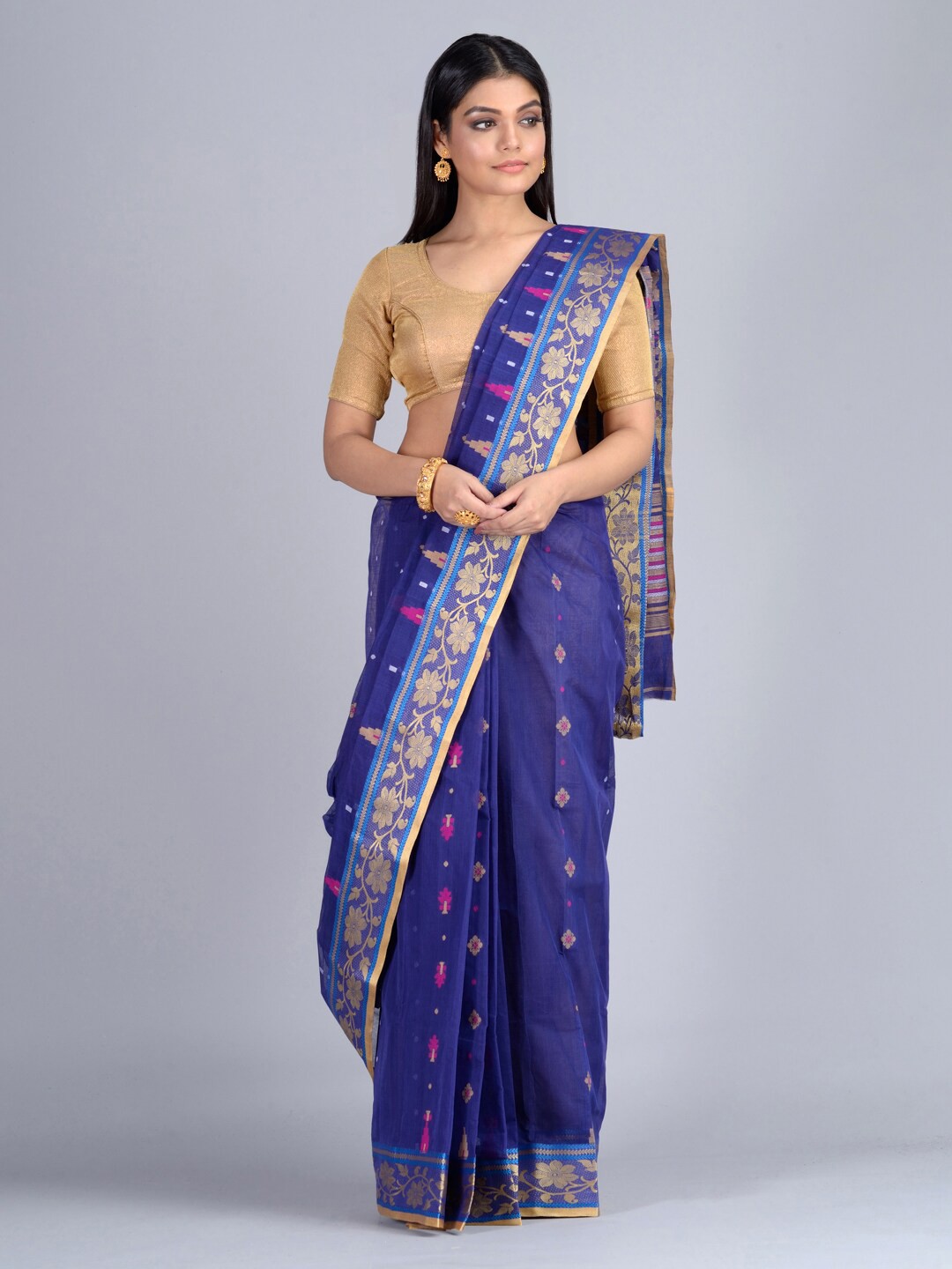 

Mitera Blue Pure Cotton Printed Hand Woven Taant Saree