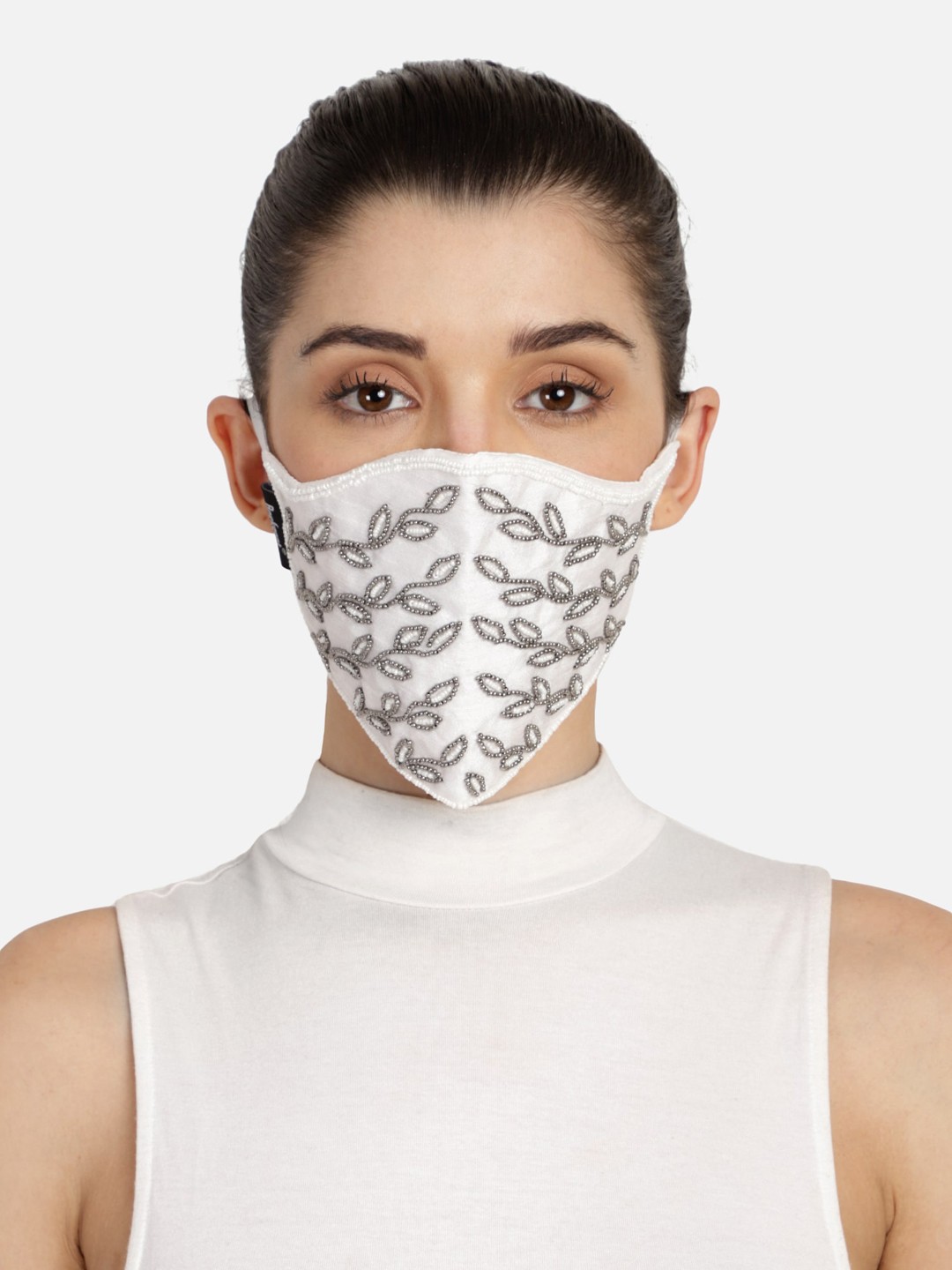 

Anekaant Women White & Silver 3-Ply Embellished Fabric Fashion Mask