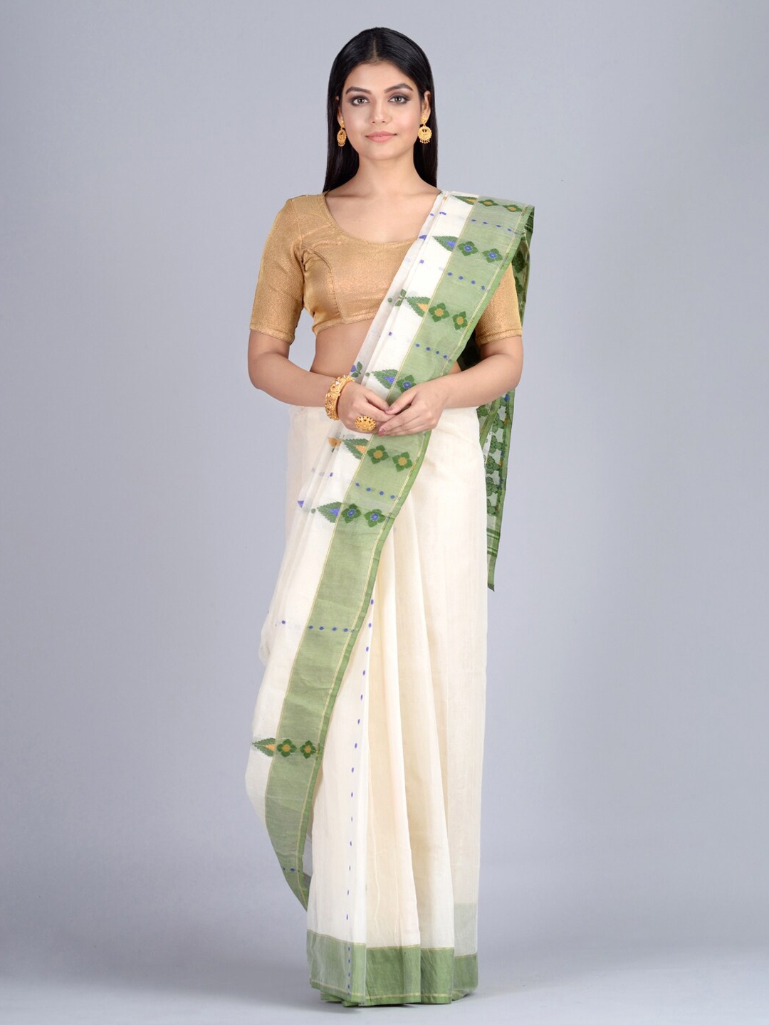 

Mitera White & Green Pure Cotton Handloom Woven Design Taant Saree