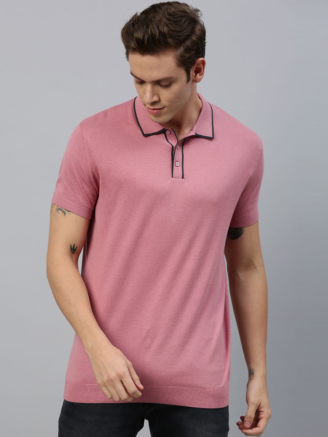 

RARE RABBIT Men Pink Solid Polo Collar T-shirt