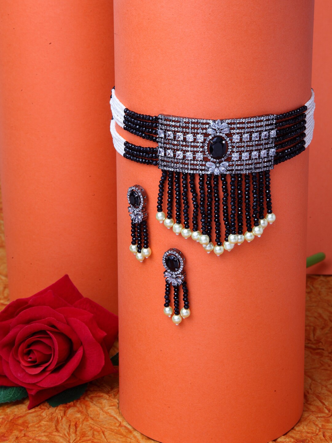 Moedbuille Silver-Plated Black & White American Diamond Studded Jewelry Set