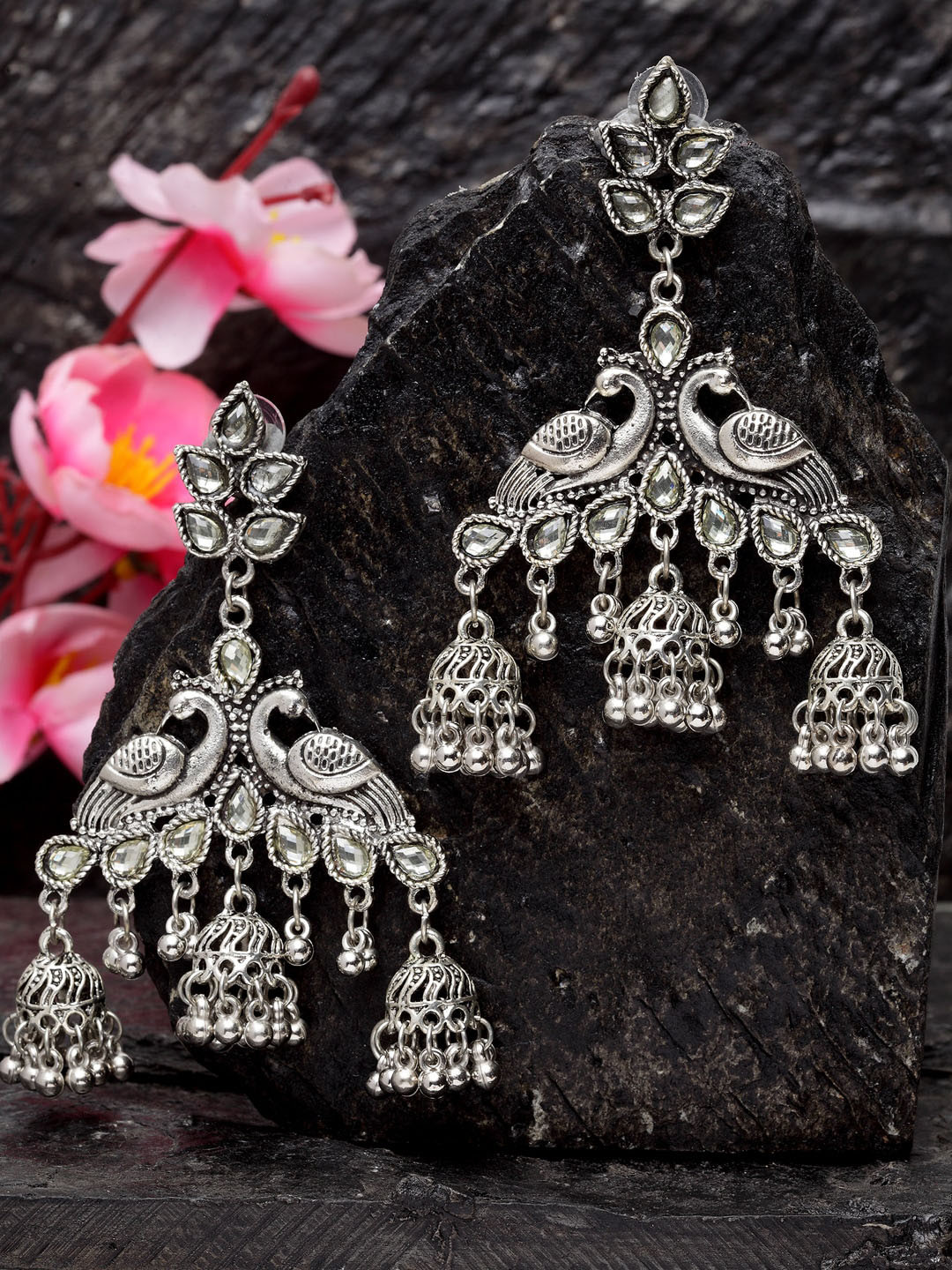 

Moedbuille Silver-Toned Peacock Shaped Jhumkas