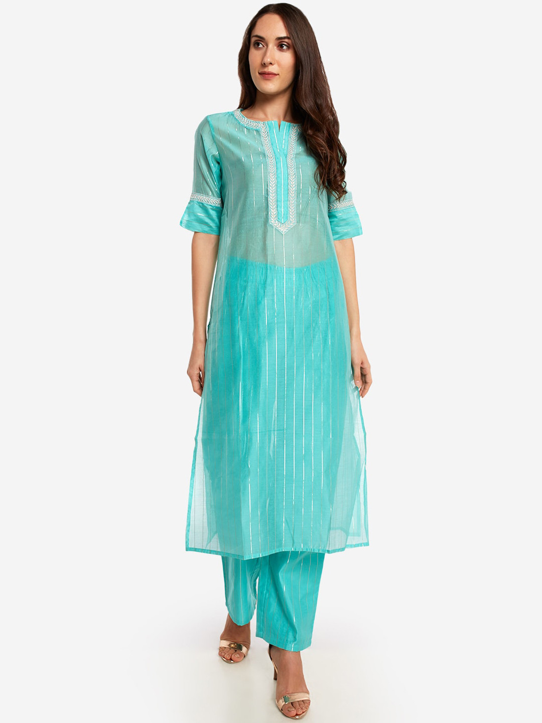 

Desi Weavess Women Turquoise Blue Self Design Sheer Kurta with Trousers