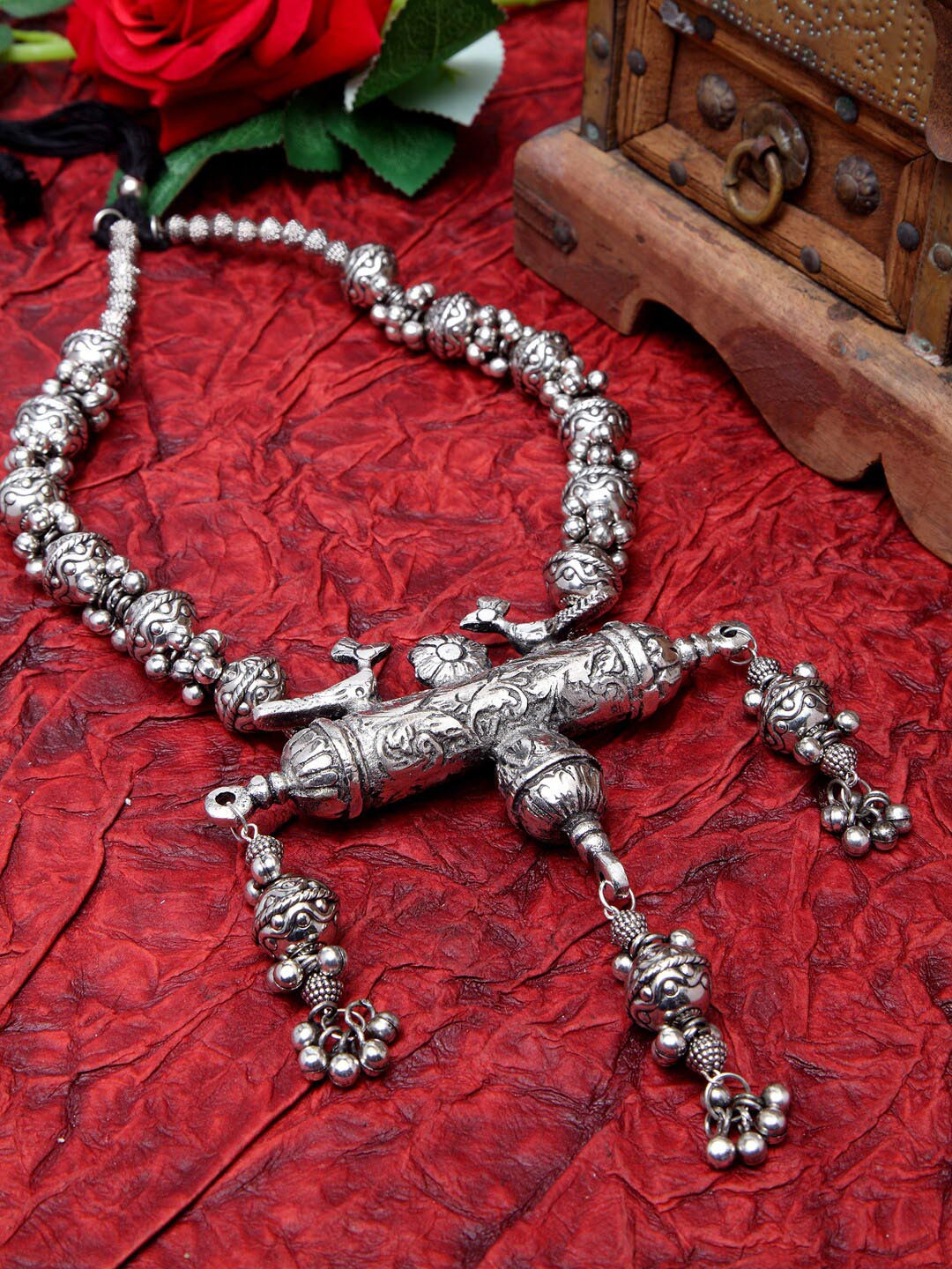 

Moedbuille Traditional Temple Design Antique Oxidised Look Handcrafted Tasselled Necklace, Silver