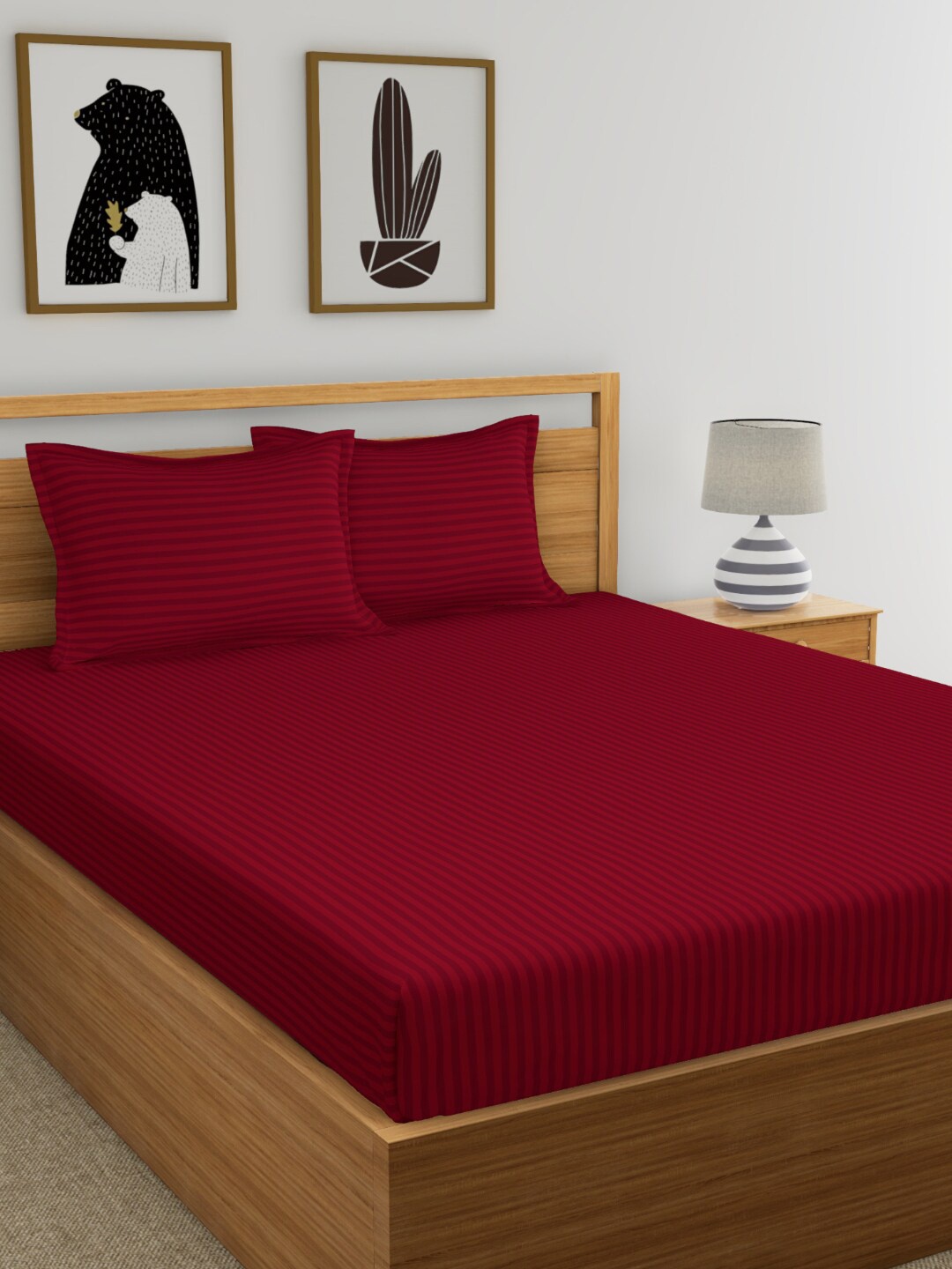 

URBAN SPACE Maroon Striped 220 TC Cotton 1 King Bedsheet with 2 Pillow Covers