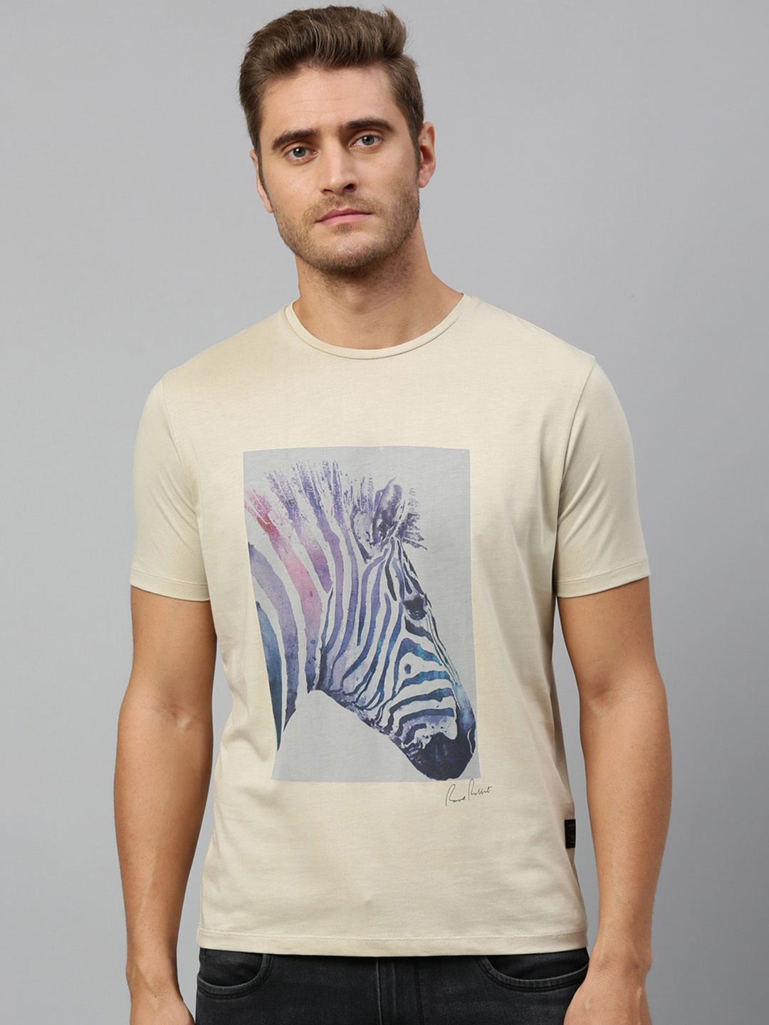 RARE RABBIT Men Rings-4 Slim Fit Solid Polo Collar T-Shirt, Beige