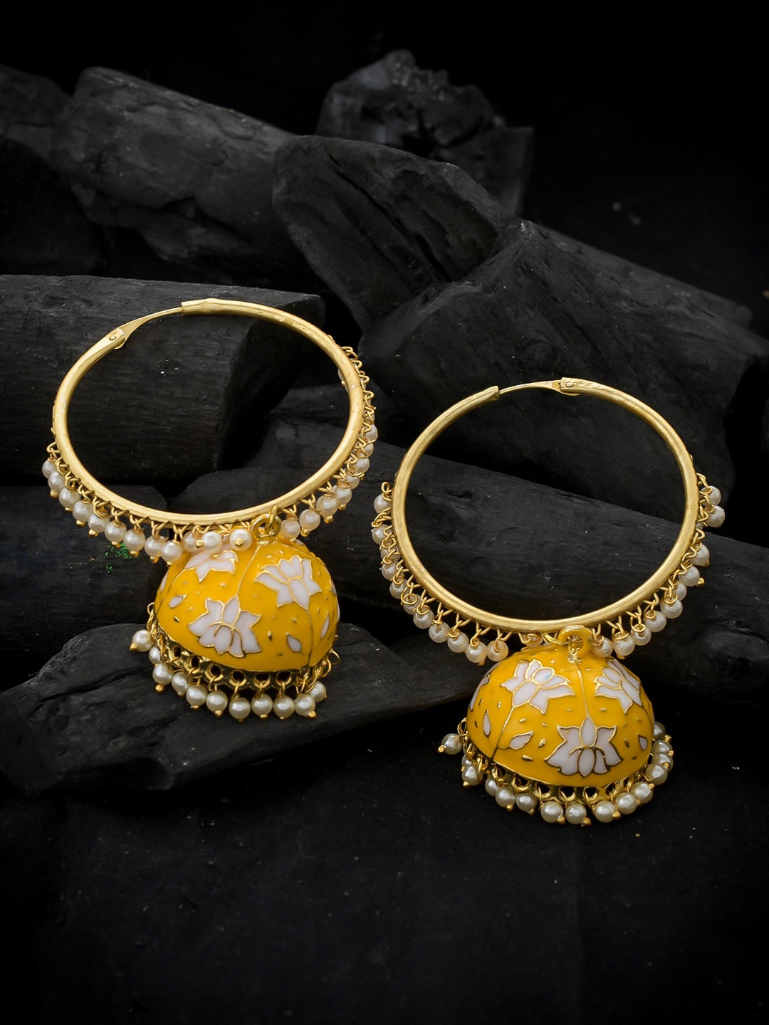 

Silvermerc Designs Gold-Plated & Yellow Meenakari Dome Shaped Jhumkas