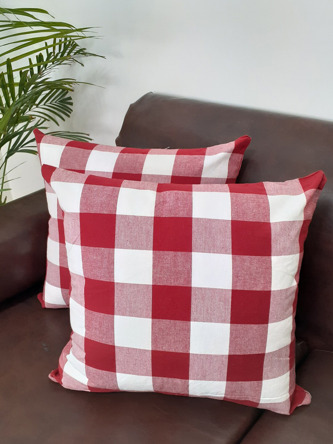 

AVI Living Red & White 2 Pieces Checked Velvet Square Cushion Covers