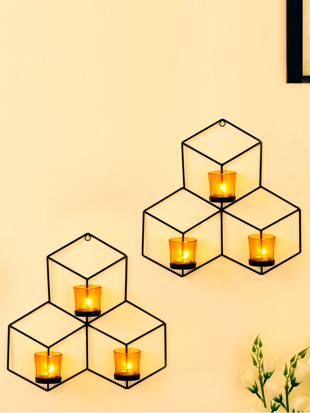 TIED RIBBONS Black & Gold Tealight Candle Holder with Yellow Glass Votives