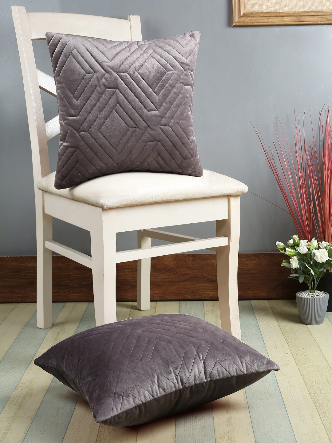 

eyda Grey Set of 2 Solid Square Quilted Velvet Cushion Covers