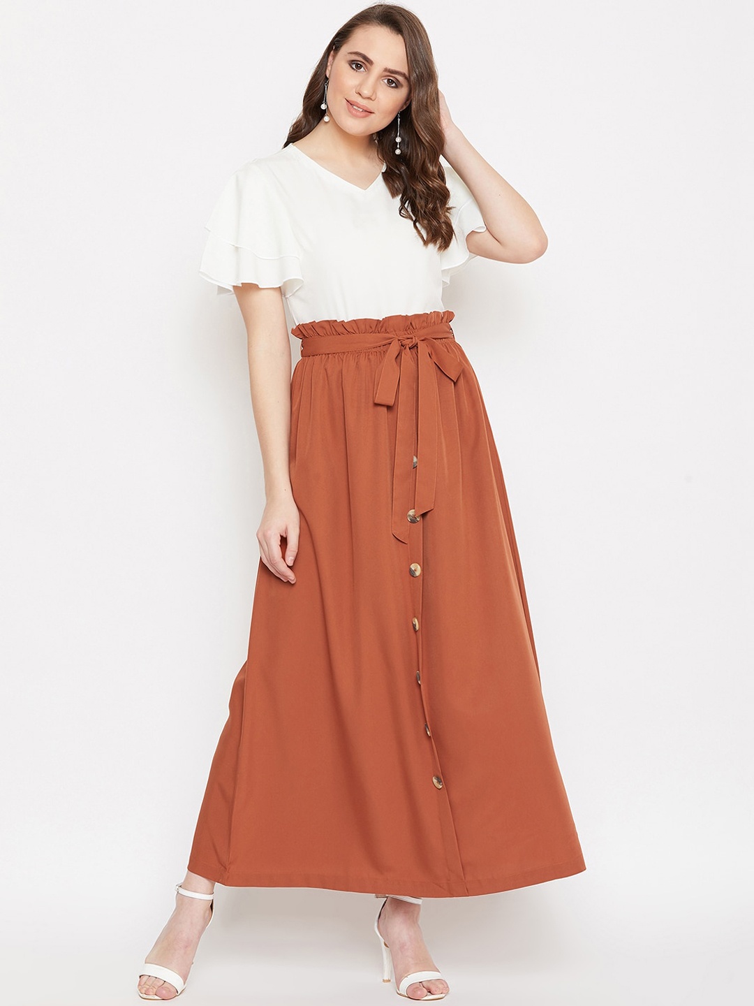 

Bitterlime Women Off-White & Brown Solid Top with Skirt