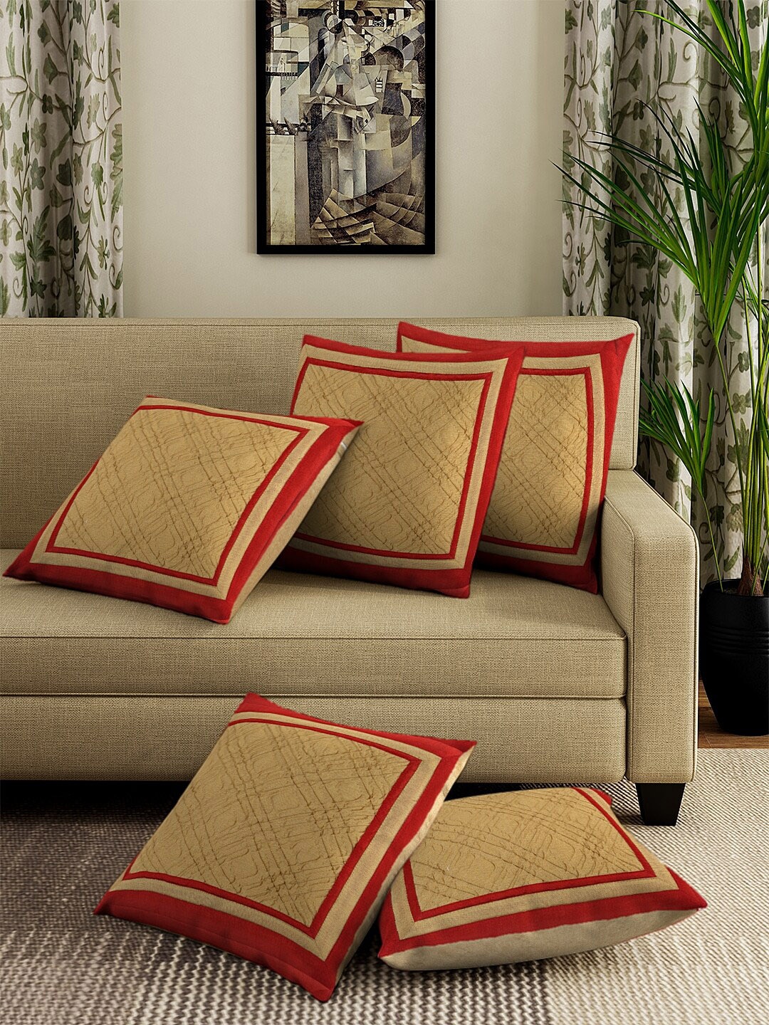 

DREAM WEAVERZ Camel Brown Set of 5 Self Design Square Cushion Covers