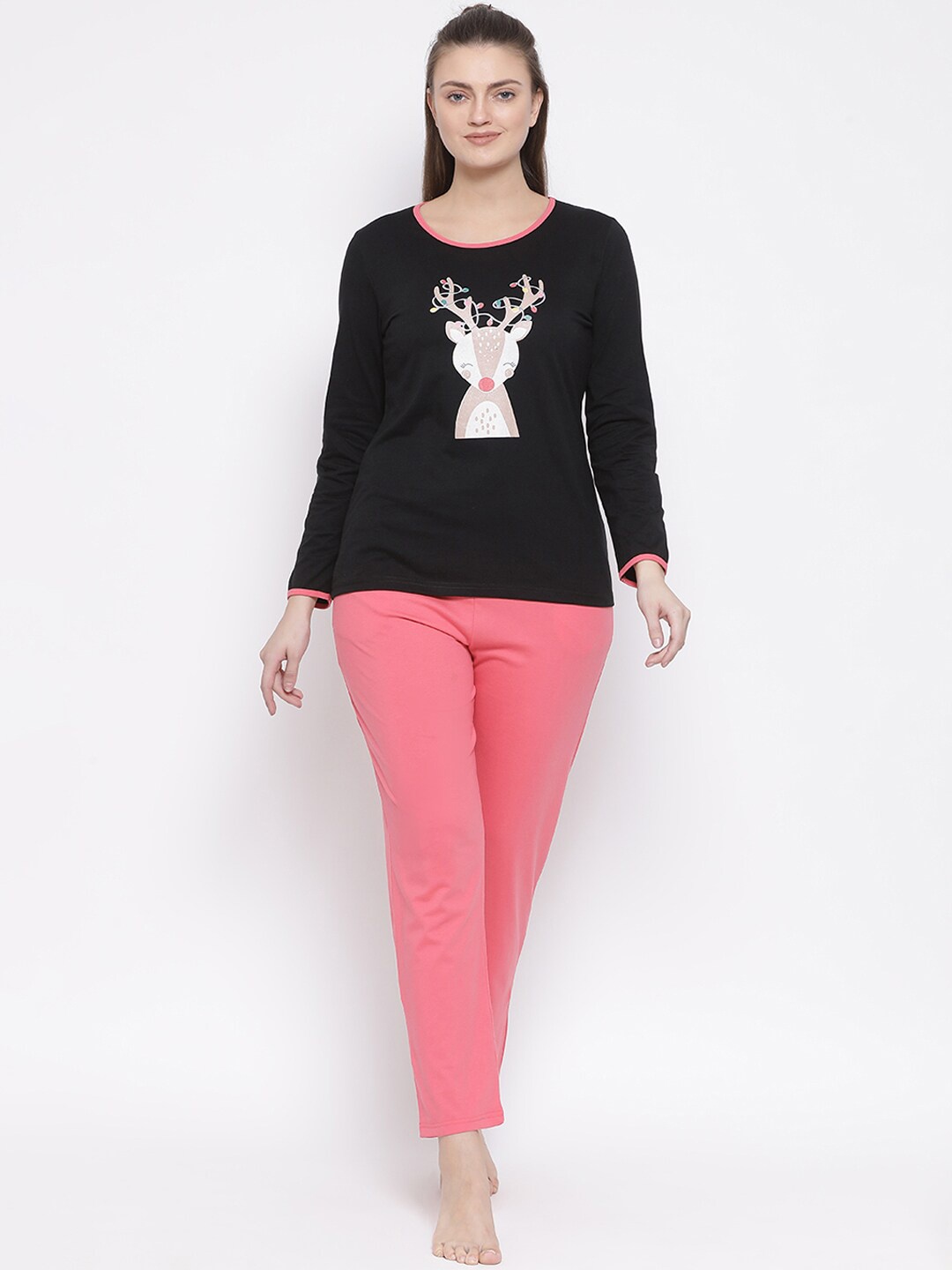 

Kanvin Women Black & Pink Printed Night Suit