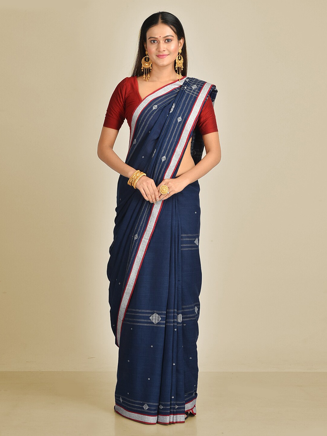 

Mitera Blue & Off-White Pure Cotton Woven Design Taant Saree