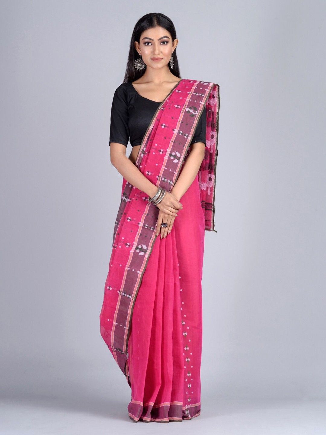 

Mitera Pink Pure Cotton Printed Hand Woven Taant Saree