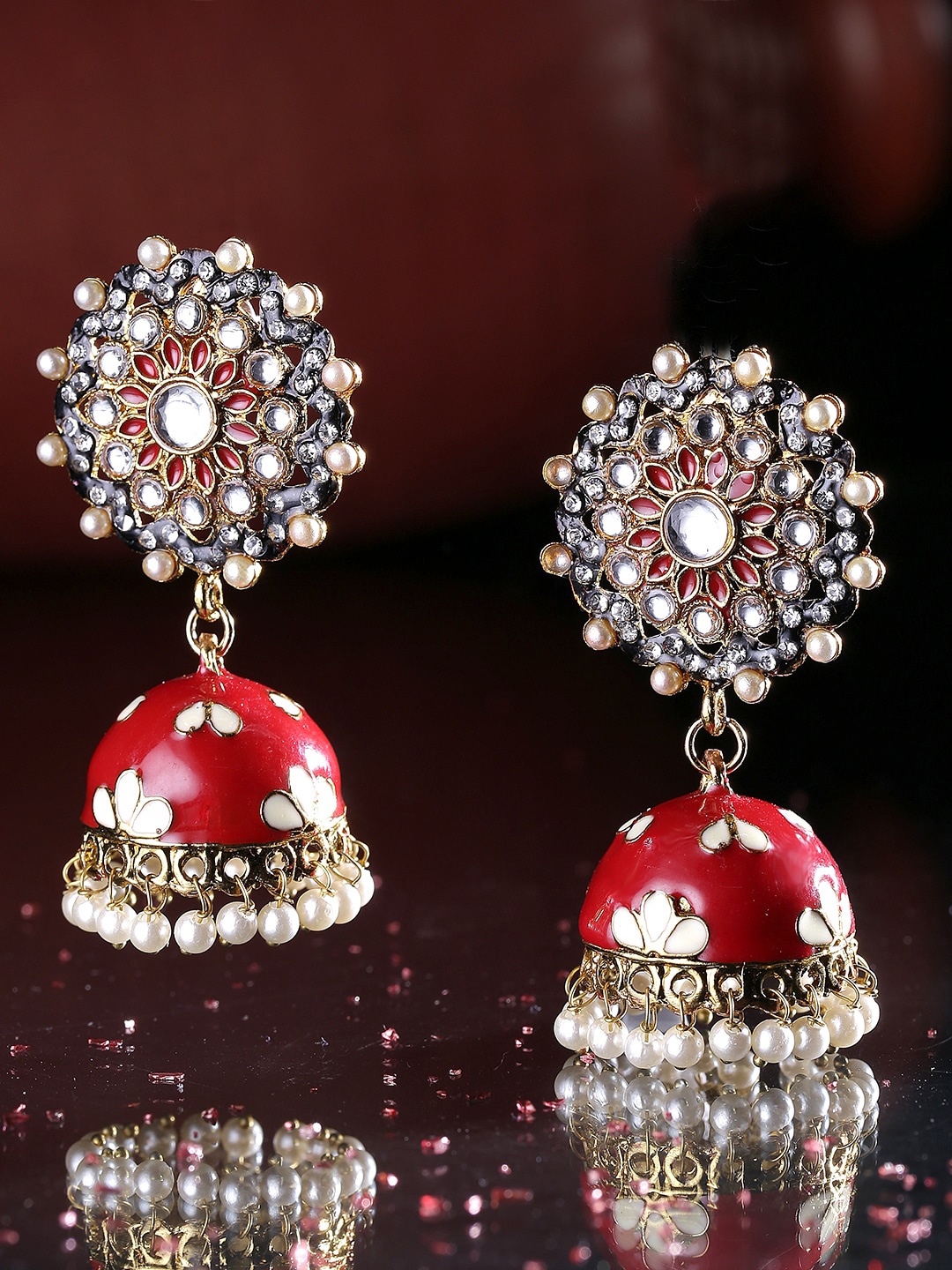

Yellow Chimes Woman Gold-Plated Handcrafted Meenakari Floral Jhumkas Earring, Red