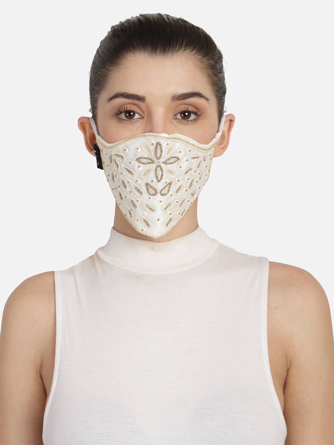 

Anekaant Women White & Gold-Toned Art Silk Embellished 3-Ply Reusable Cloth Mask