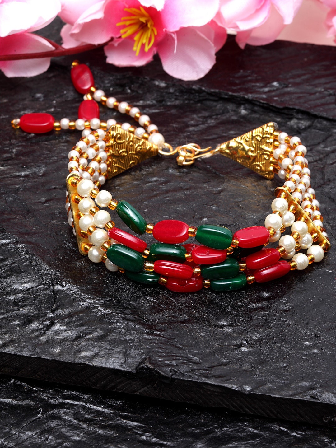 

Moedbuille Brass Gold-Plated & Green Handcrafted Multisrand Bracelet