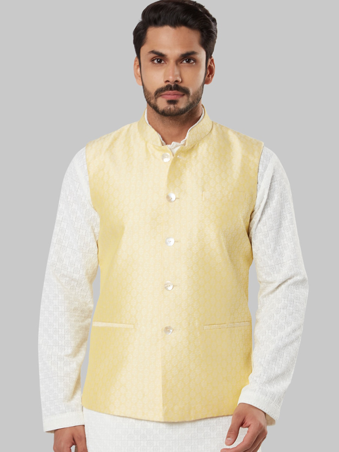 

Ethnix by Raymond Men Yellow Woven Design Nehru Jacket