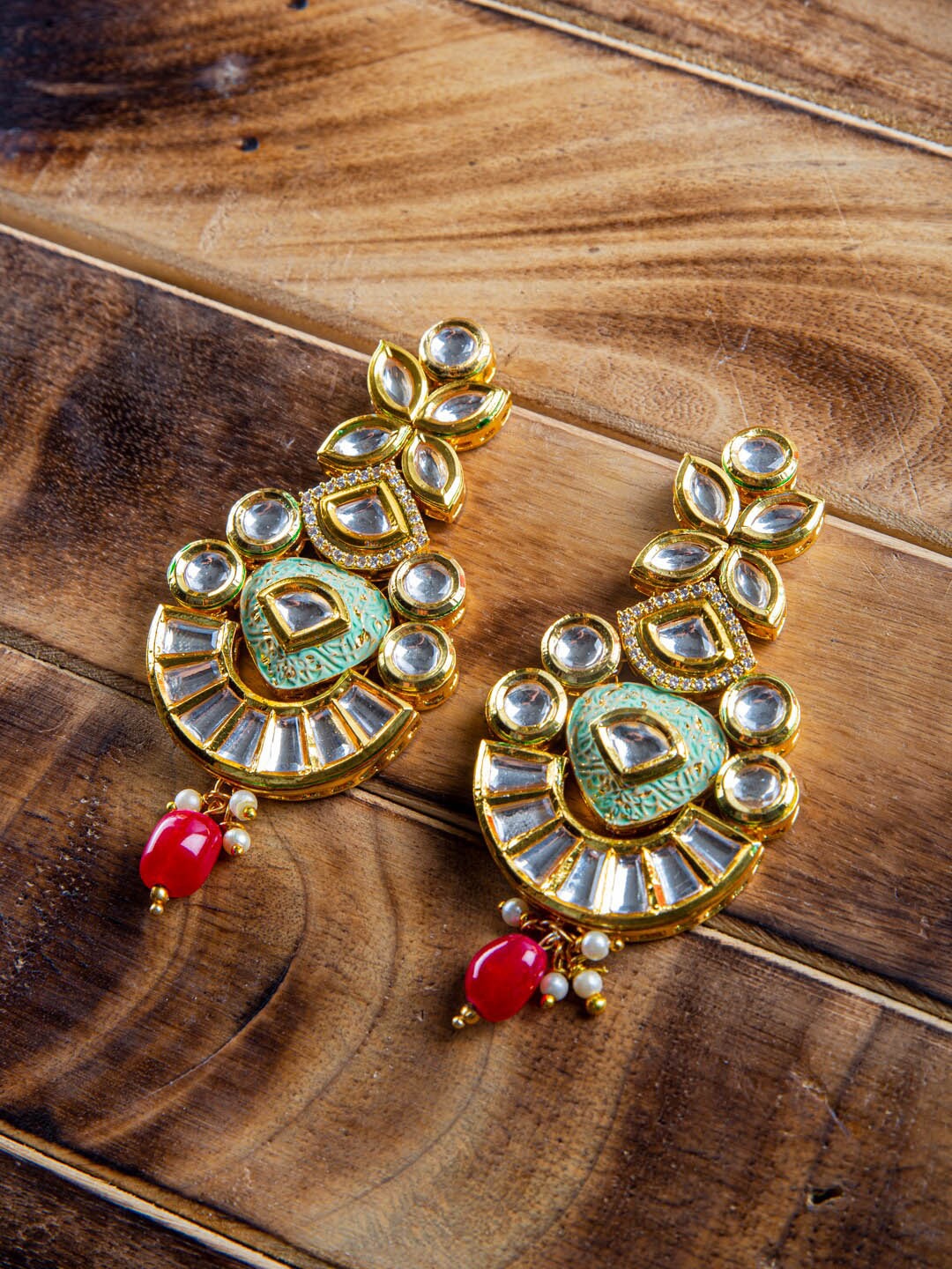 

MORKANTH JEWELLERY Gold-Plated & Sea Green Kundan Studded Classic Drop Earrings