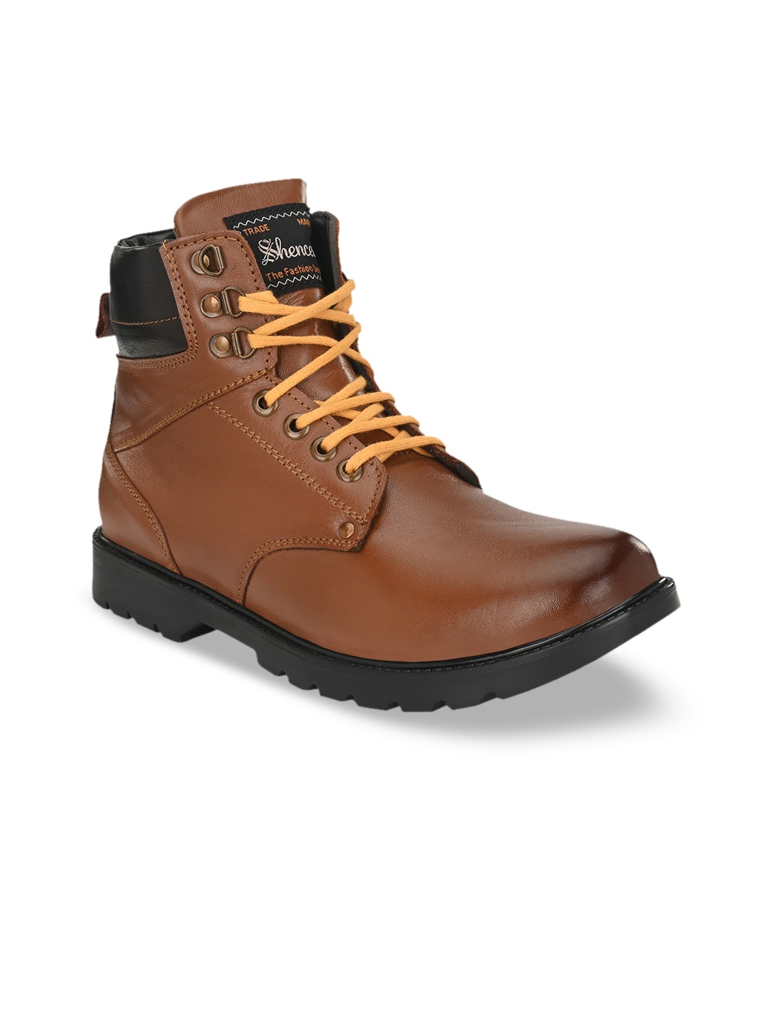 

SHENCES Men Tan Brown Solid Genuine Leather High-Top Flat Boots