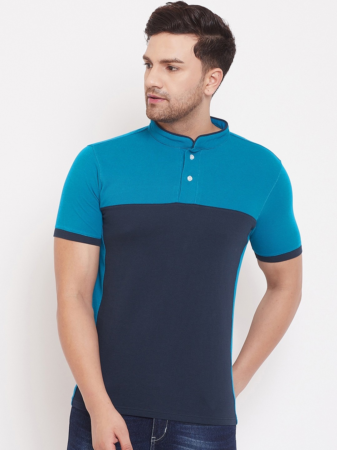 

JUMP USA Men Navy Blue Colourblocked Mandarin Collar T-shirt